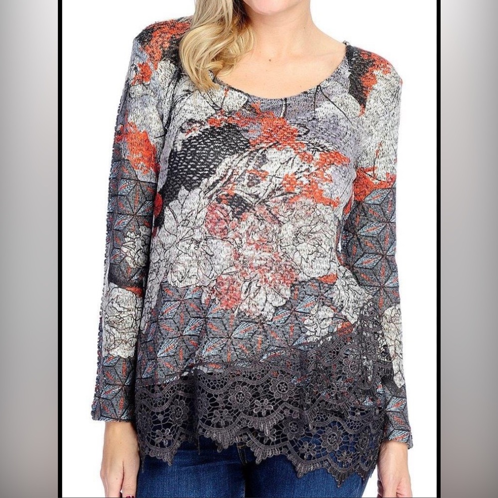One World Printed Knit Long Sleeve Lace Trimmed Asymmetrical Top Large ethereal